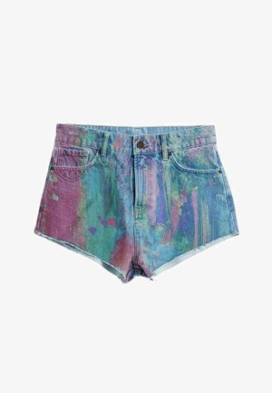 Denimshorts met een meerkleurig abstract verf-effect, met knoopsluiting aan de voorkant, rits, riemlussen en een ontwerp met vijf zakken.