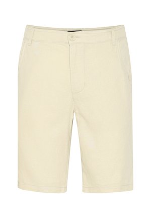 Beige shorts made of lightweight fabric, featuring a button closure, two front pockets, and simple stitching, with a straight leg design.