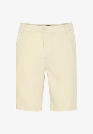 Béžové šortky vyrobené z lehké látky, se zapínáním na knoflík, dvěma předními kapsami a jednoduchým šitím, s rovnými nohavicemi.