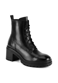 Czarne skórzane botki za kostkę z wysokim słupkowym obcasem, sznurowanym przodem i bocznymi przeszyciami. Żłobiona podeszwa dla lepszej przyczepności.