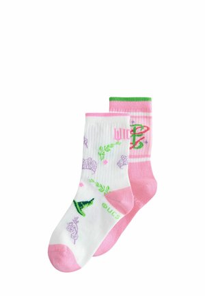 White and pink ankle socks with green and purple floral and crown patterns, one sock featuring a green and red letter design.