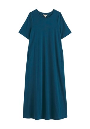 Abito blu verde acqua a maniche corte, lunghezza al ginocchio, con scollo rotondo e tasche laterali, vestibilità ampia e design semplice.