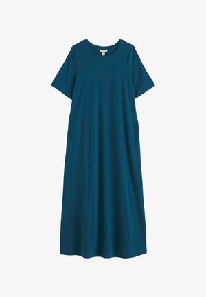 Abito blu verde acqua a maniche corte, lunghezza al ginocchio, con scollo rotondo e tasche laterali, vestibilità ampia e design semplice.