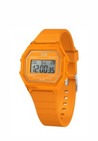 Reloj digital con una caja y correa de plástico naranja en forma de octágono. Cuenta con una pantalla digital gris, resistencia al agua de hasta 30 metros y botones claros.