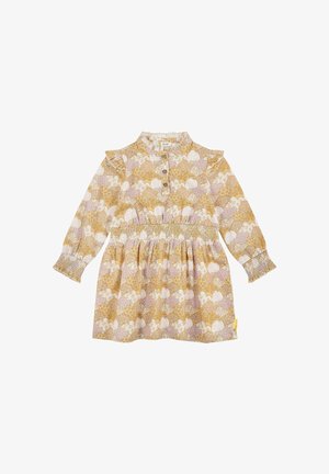Abito a maniche lunghe giallo con motivo a cuore e floreale, dotato di colletto rialzato, chiusura a bottoni e vita arricciata con maniche a volant.