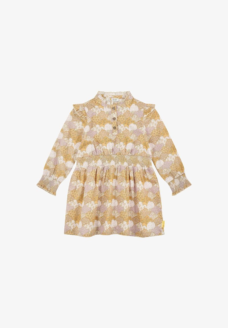 Sukienka z długim rękawem w kolorze żółtym, z wzorem w serca i kwiaty, z kołnierzykiem stójkowym, zapięciem na guziki oraz marszczoną talią i falbaniaste rękawy.