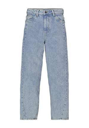 Jean bleu clair taille haute, jambe droite, avec bouton et fermeture éclair, passants de ceinture et cinq poches, présenté sur fond blanc.