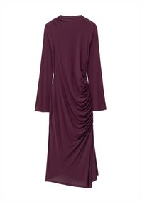 Langärmliges, burgunderfarbenes Jerseykleid mit einer drapierten, gerafften Gestaltung an der Seite, knielang mit einem runden Halsausschnitt. Weicher Stoff.