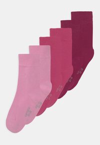 Fünf Paare Crew-Socken in verschiedenen Schattierungen von Pink und Burgunder. Glatte Textur, gerippte Bündchen und verstärkte Zehen und Fersen.