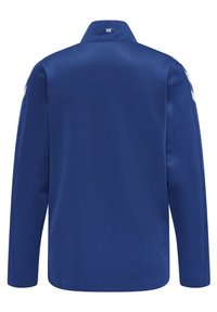 Langarmige, gekraagde polo van effen blauwe stof, met witte accenten op de mouwen en een subtiel logo bij de achterkant van de kraag.