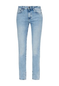 Jean en denim bleu clair avec une coupe slim, cinq poches et un léger effet délavé. Doté d'une fermeture par bouton et de coutures décoratives sur les coutures.