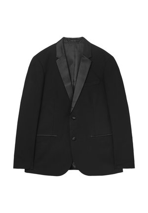 Blazer nero con rever in satin, due tasche frontali e chiusura a due bottoni. Tessuto liscio con una vestibilità strutturata e design classico.