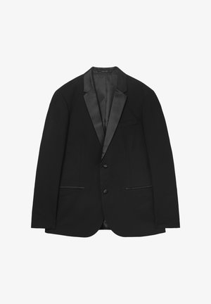 Blazer noir avec revers en satin, deux poches avant et fermeture à deux boutons. Tissu lisse avec une coupe structurée et un design classique.
