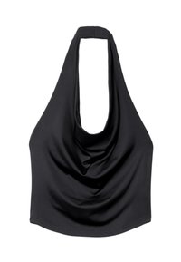 Crni halter top s dubokim izrezom i drapiranim prednjim dijelom. Izrađen od glatkog materijala, ima uski kroj i nema kopčanja ili ukrasa.