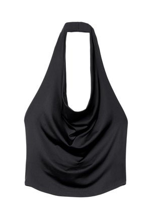 Haut halter noir avec un décolleté plongeant et une partie drapée à l'avant. Confectionné en tissu lisse, il présente une coupe ajustée et ne comporte ni fermetures ni ornements.
