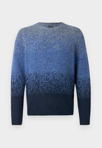 Niebieski sweter dzianinowy z gradientem, z okrągłym dekoltem, długimi rękawami i teksturowanym wykończeniem, przechodzący od jasnoniebieskiego do ciemnoniebieskiego.