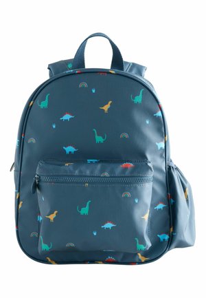 Zaino blu per bambini con motivi colorati di dinosauri e arcobaleno, una tasca frontale con cerniera e una tasca laterale.