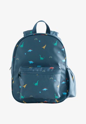 Zaino blu per bambini con motivi colorati di dinosauri e arcobaleno, una tasca frontale con cerniera e una tasca laterale.