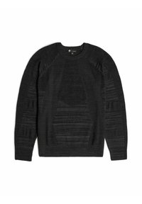 Un pull noir en tricot présentant diverses textures et motifs, avec un col rond et des manches raglan. Fabriqué à partir d'un tissu doux et léger.