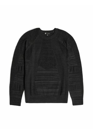 Un pull noir en tricot présentant diverses textures et motifs, avec un col rond et des manches raglan. Fabriqué à partir d'un tissu doux et léger.