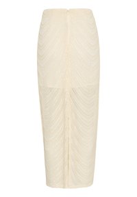 Jupe midi couleur crème recouverte de sequins avec texture drapée verticale et fermeture éclair au dos.