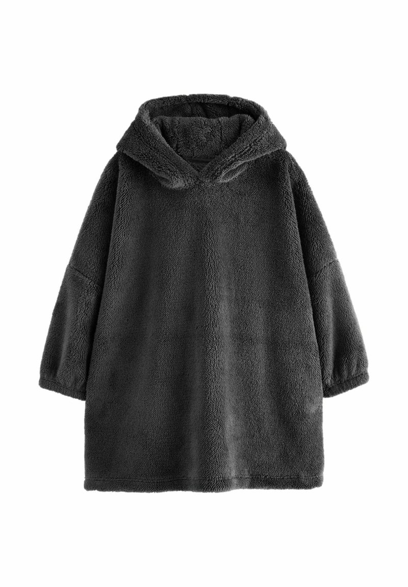 Grå fleece oversized hoodie med en mjuk textur, långa ärmar och en vid halsringning. Har en känguruficka och en mysig huva.