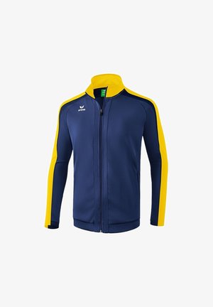 Laivastonsininen urheilutakki keltaisin yksityiskohdin, vetoketjulla suljettava, teksturoidusta kankaasta, pystypääntiellä ja logolla vasemmassa rinnassa.