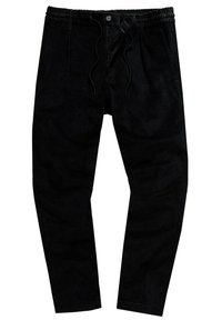 Zwarte joggers van zacht materiaal, met een elastische tailleband en trekkoord, zijzakken en een tapered leg ontwerp.