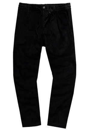 Schwarze Jogginghosen aus weichem Stoff, mit einem elastischen Bund und Kordelzug, seitlichen Taschen und einer zulaufenden Beinform.