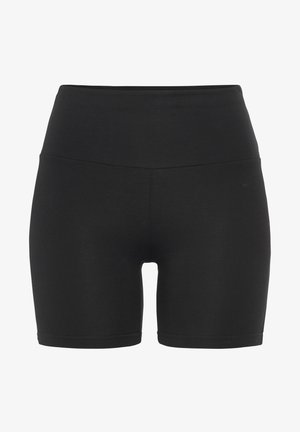 Svarta högmidjade cykelshorts gjorda av stretchigt tyg, med en mjuk textur och en enkel design utan synliga logotyper eller mönster.