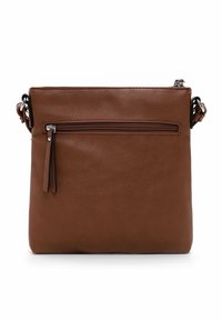 Borsa a tracolla in pelle marrone con tasca frontale con zip, texture liscia, forma rettangolare e tracolla regolabile. Misura approssimativamente media.