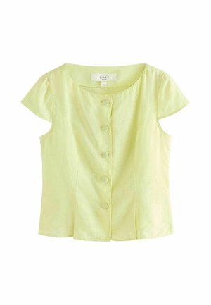 Blouse en lin jaune clair à manches courtes avec encolure ronde et cinq boutons recouverts de tissu à l'avant.