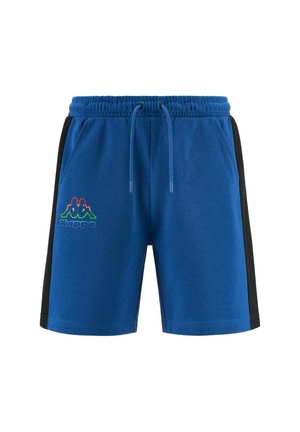 Pantaloni sportivi blu realizzati in tessuto morbido con un pannello laterale nero, caratterizzati da un logo Kappa ricamato in verde e rosso sulla parte anteriore.