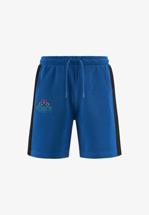 Pantaloni sportivi blu realizzati in tessuto morbido con un pannello laterale nero, caratterizzati da un logo Kappa ricamato in verde e rosso sulla parte anteriore.