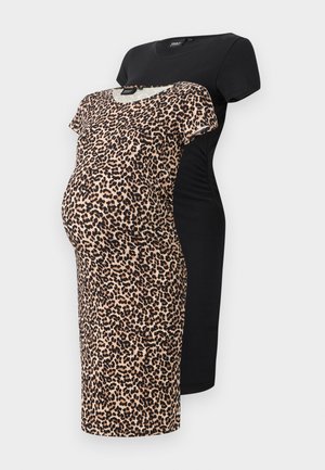 Setti raskausmekko, joka sisältää kaksi mekkoa: toinen musta ja toinen leopardikuosisena. Molemmat on valmistettu pehmeästä kankaasta, suunniteltu mukavuutta ajatellen raskauden aikana.