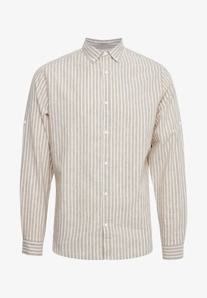 Béžová a biela pruhovaná dlhá košeľa s golierom na gombíky, s prednými gombíkmi a nastaviteľnými manžetami. Vyrobená z ľahkej látky.
