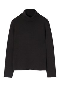 Maglione a collo alto nero realizzato in morbido materiale a maglia. Presenta un colletto alto, maniche lunghe e una vestibilità leggermente rilassata. Design semplice, senza motivi.