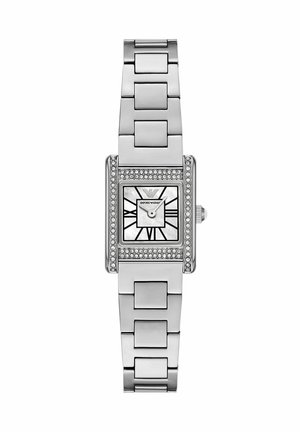 Silberne rechteckige Emporio Armani Armbanduhr mit Metallgliederarmband, mit Kristallen besetzter Lünette und Perlmuttzifferblatt mit römischen Ziffern.