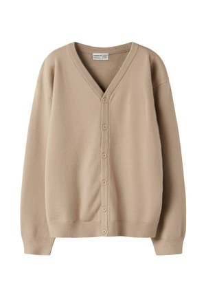 Cardigan beige à col en V avec boutons, manches longues et poignets ainsi qu'ourlet côtelés, présenté sur fond blanc.