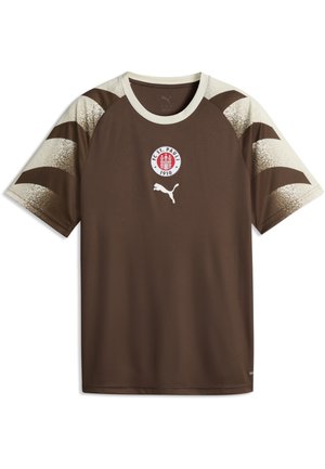Braun-beiges FC St. Pauli Fußballtrikot mit Club-Logo und Puma-Logo in der Mitte sowie Farbverlauf-Streifen auf den Ärmeln.