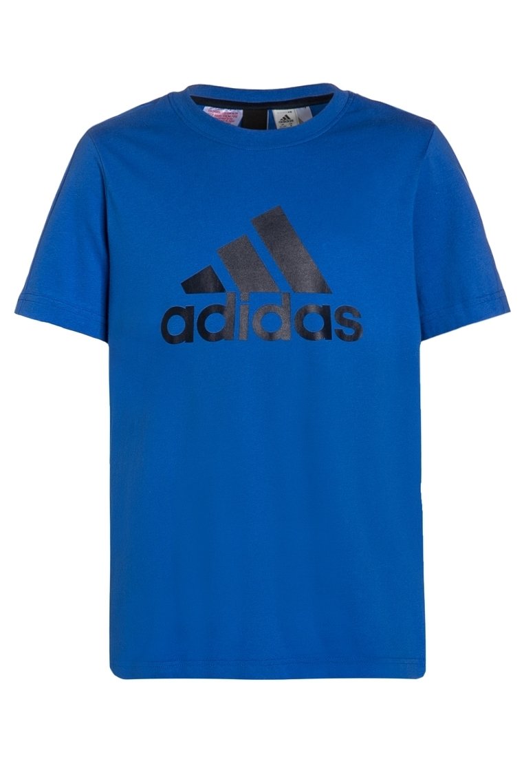 Niebieski bawełniany t-shirt z czarnym logo Adidas na klatce piersiowej. Krótkie rękawy i okrągły dekolt. Gładka faktura i regularny krój.