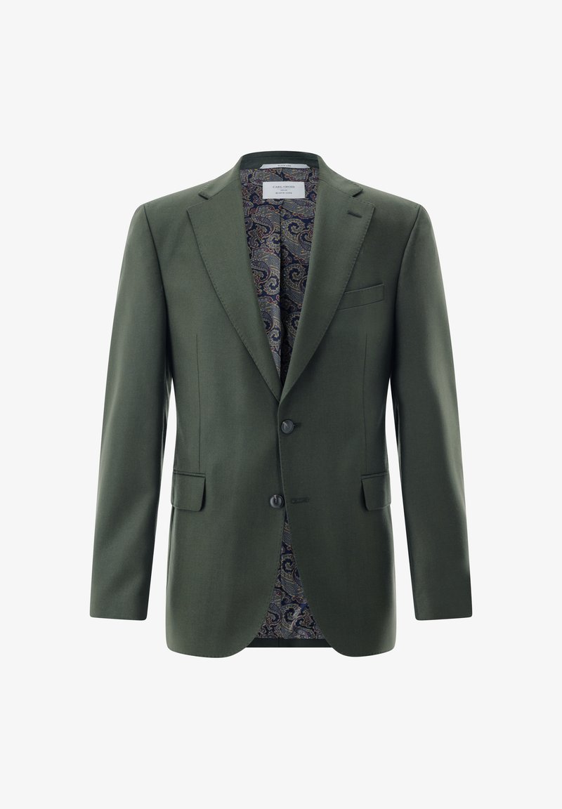 Dunkelgrüner Blazer aus glattem Stoff mit Reverskragen, zwei Knöpfen, Vorder Taschen und einem Innenfutter mit Paisley-Muster.