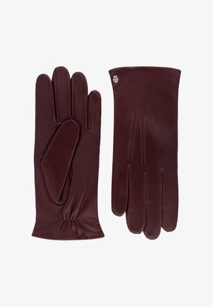 Burgunderfarbene Lederhandschuhe mit glatter Textur, verfügen über drei Nahtlinien auf der Rückseite und ein gerafftes Handgelenk für einen engen Sitz. Sichtbares silbernes Akzent-Logo.