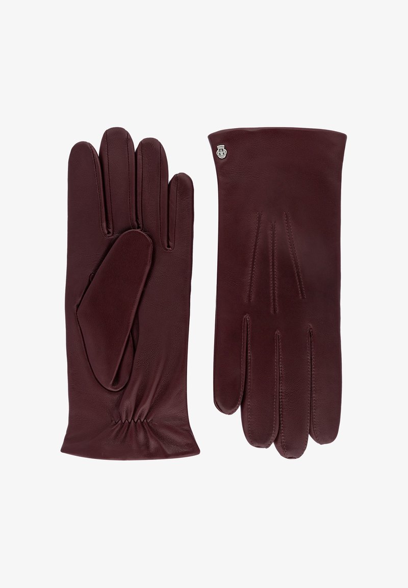 Burgunderfarbene Lederhandschuhe mit glatter Textur, verfügen über drei Nahtlinien auf der Rückseite und ein gerafftes Handgelenk für einen engen Sitz. Sichtbares silbernes Akzent-Logo.