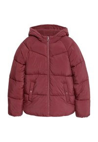 Burgundy pufferjacka med huva, som har en framside med dragkedja, två sidofickor och en kadrerad design för isolering.