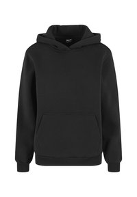 Czarna bluza z kapturem z długimi rękawami, kieszenią typu kangur z przodu, ściągaczami na mankietach i gładkim wzorem.