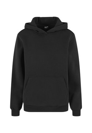 Černá pulovrová mikina s dlouhými rukávy, přední kapsou kangaroo, žebrovanými manžetami a jednoduchým designem.