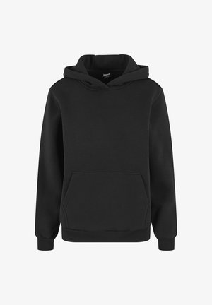 Fekete pulóver kapucnis felső hosszú ujjakkal, elöl kenguru zsebbel, bordázott mandzsettákkal és egyszerű mintával.