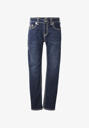 Donkerblauwe spijkerbroek met wit contrasterende stiksels, knopen aan de voorkant, rits en klassiek ontwerp met vijf zakken.