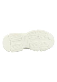 Suola di sneaker bianca realizzata in gomma, con un motivo di grip testurizzato e branding. Il design include forme arrotondate e linee di battistrada distinte.